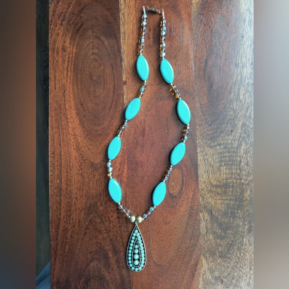 Turquoise/Bronze Beaded Necklace-10 Inches In Length.